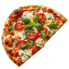 Freshly baked margherita pizza topped with tomatoes and basil on a wooden table on transparent background