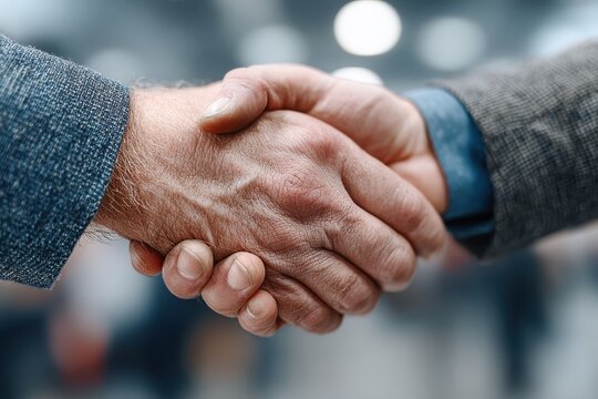 Close-up of a business handshake agreement between two professionals in suits, demonstrating partnership and trust in a bright office setting