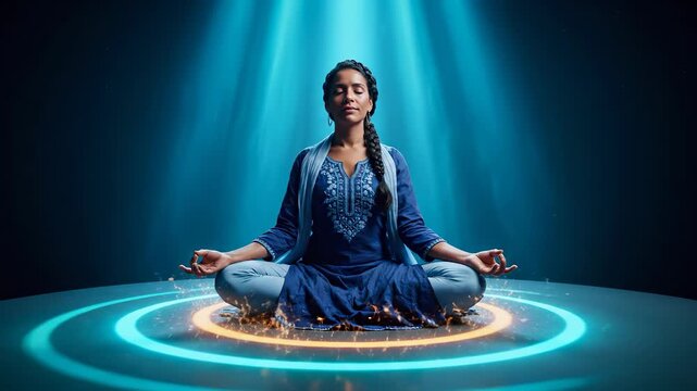 Woman meditating in lotus pose. Woman practices meditation and yoga for wellness and mindfulness. Relaxation and health focus with serene breathing. Studio light accentuates calm sitting and balance.