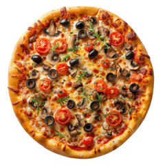 Delicious vegetarian pizza topped with black olives, mushrooms, and cherry tomatoes on crispy crust on transparent background
