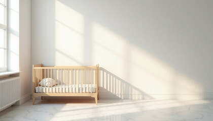 Minimalist nursery with wooden crib and natural light streaming in