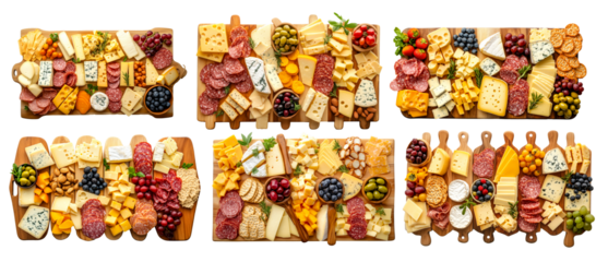 Assorted cheeses, fruits, nuts, and meats on wooden boards isolated on white background. Concept of gourmet food platters.