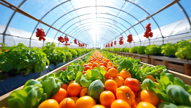 Fresh Tomatoes and Greens Growing in a Greenhouse on a Farm