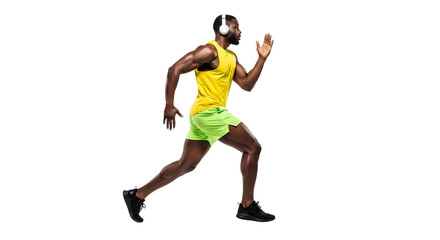 Athlete running isolated on transparent background in sporty yellow and green outfit