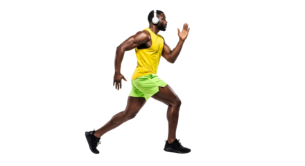 Athlete running isolated on transparent background in sporty yellow and green outfit