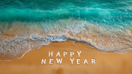 An inviting overhead shot of a serene tropical beach. The words HAPPY NEW YEAR are clearly and neatly written in large block letters into the golden sand in the foreground. 