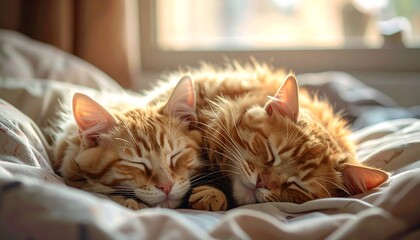 Two ginger cats are snuggled together asleep on a rumpled bed. Sunlight streams in from a nearby window, illuminating their fur