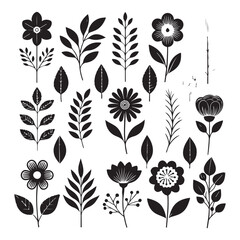 Botanical Silhouette Set, A collection of charming black vector icons featuring various flowers and leaves in simple, organic shapes (1).eps