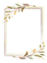 Rectangular wreath on a transparent background in Rustik style for invitations, cards, decor. Autumn leaves in watercolor in shades of beige and green