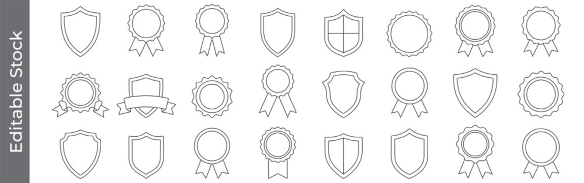 Award badge and shield line icon set – editable outline symbols of certificate, ribbon, medal, security, and achievement