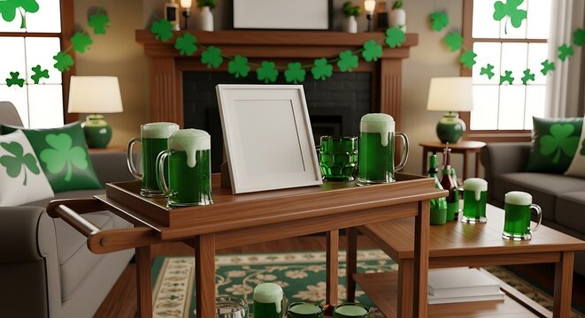 A cozy living room decorated for st. patrick's day with green beer mugs, shamrock garlands, festive pillows, and a blank picture frame on a wooden serving cart.