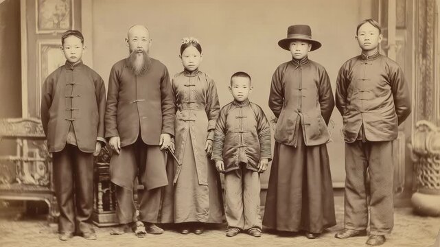 Traditional family portrait of Asian individuals in vintage attire, showcasing cultural heritage and unity