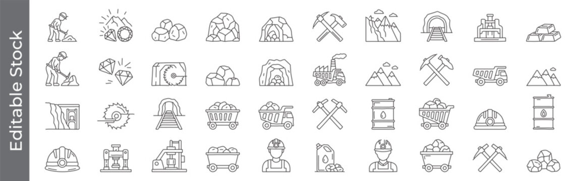 Editable diamond, gold and coal mining line icon set &ndash; miner, mines, coal, excavation, gemstone, gold bar, pickaxe, cart, tunnel, industry outline symbols