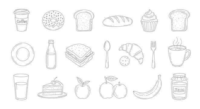 Line art illustration featuring an assortment of breakfast and brunch food items, including pastries, fruits, and beverages.