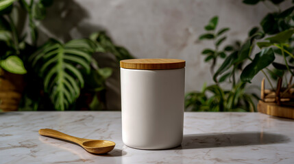White eco-friendly bamboo canister with wooden lid and spoon, front view on white marble table, green plants in the background
