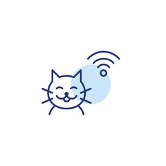 Happy cat and wi-fi. Pet monitoring, smart tracking devices. Internet of things care. Pixel perfect, editable stroke vector icon
