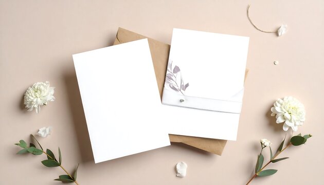 Two blank cards rest on a beige surface with an envelope, adorned with floral elements and a few decorative accents