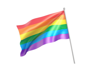 Rainbow Pride Flag Waving Gently on a Metal Pole Against a Black Background Under Soft Studio Lighting