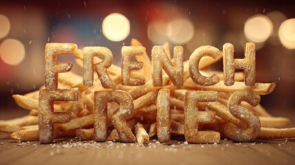 The words "French Fries" boldly rendered, where each letter is intricately constructed from perfectly golden. Generative AI.