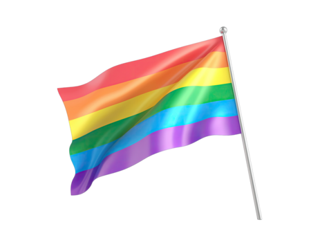 Rainbow Pride Flag Waving Gently on a Metal Pole Against a Black Background Under Soft Studio Lighting