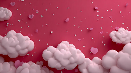 White clouds on a pink background with falling white particles and hearts. A Valentine's Day concept, banner, illustration