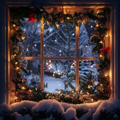 a window decorated with christmas lights and snow outside, cozy home scene