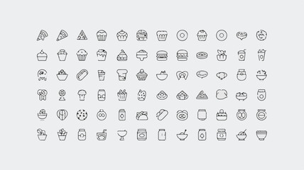 A collection of 80 black and white line art icons arranged in 10 rows of 8 icons each. 