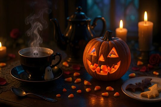 Halloween Tea Time with Pumpkin Lantern and Candy Corn &ndash; Warm Autumn Evening