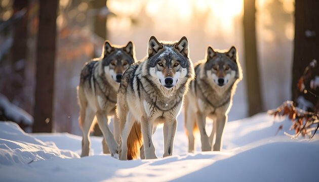 Three wolves stand in a snowy forest, bathed in the warm glow of a sunlit backdrop. Their gaze is direct, conveying their wild nature - Powered by Adobe