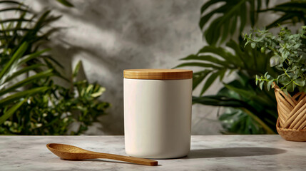 White eco-friendly bamboo canister with wooden lid and spoon, front view on white marble table, green plants in the background