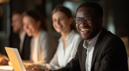 Smiling business team working together in modern open plan office