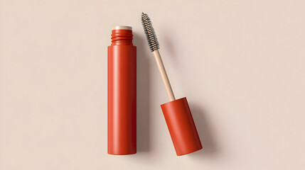 Orange mascara tube on pastel background, trendy beauty product concept
