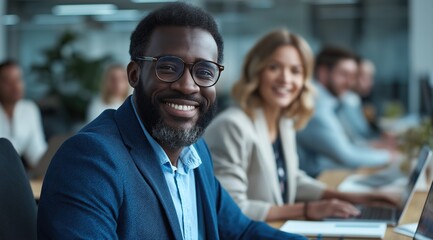 Smiling business team working together in modern open plan office