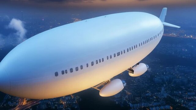 Zoom and slow pan of a futuristic airship flying over a city at dusk