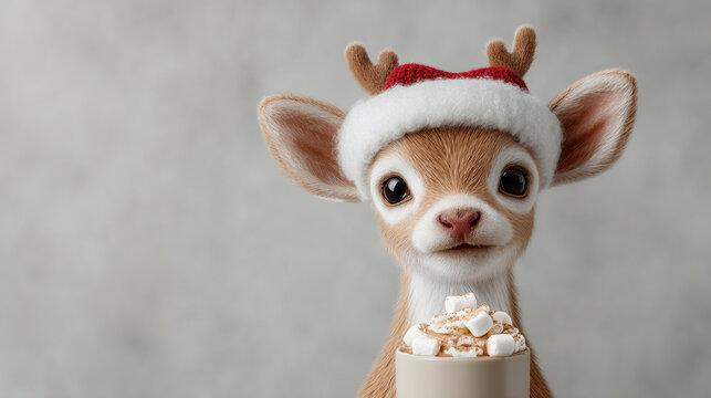 Charming deer fawn in a cozy hat, enjoying hot cocoa with marshmallows; a festive scene of warmth and holiday spirit, bringing cheer.