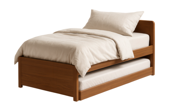 Compact bed featuring a pull-out second bed, perfect for sleepovers in shared spaces.