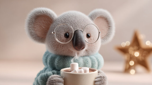 An adorable, fluffy koala bear with glasses sips hot chocolate topped with marshmallows, wearing a cozy sweater on a winter day.