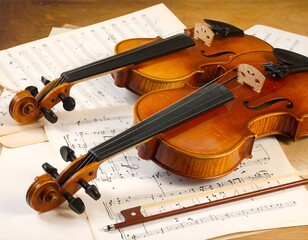 Two classical stringed instruments sit on sheet music alongside a bow. Warm light accentuates their wooden construction