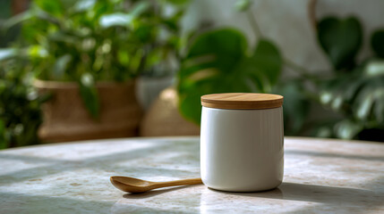 White eco-friendly bamboo canister with wooden lid and spoon, front view on white marble table, green plants in the background
