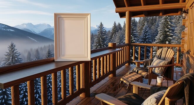 White picture frame mockup on a rustic log cabin balcony overlooking a serene snowy mountain landscape with frosted pine trees and warm sunlight, cozy winter scene.