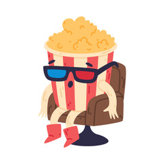 Funny Popcorn Character in Chair Watch Movie in 3D Glasses Vector Illustration