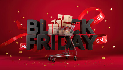 Black friday shopping concept with gifts in cart on red background
