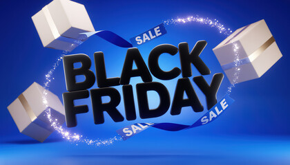 Black friday sale event with floating gift boxes and blue sparkles