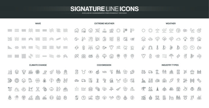 Comprehensive set of thin line icons covering climate change, CO2 emission, industry types, waves, extreme weather, and meteorological symbols isolated vector illustration
