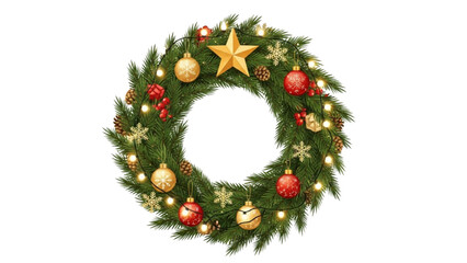 Vibrant Christmas Wreath Illustration with Golden Star, Baubles, and Festive Lights on White Background