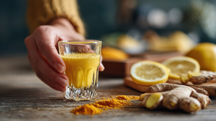 Hand holding turmeric and ginger immunity shot — healthy detox drink