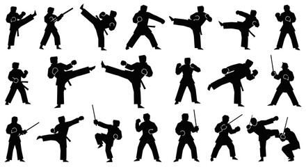 Silhouette figures demonstrating martial arts stances and movements, including kicks, punches, and weapon handling.
