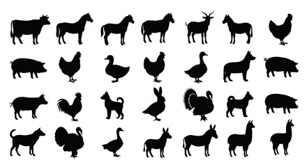Collection of animal silhouettes, including farm animals, birds, and mammals, arranged in rows against a white background. © Muhammadagil