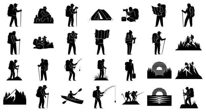 A collection of silhouette icons depicting various outdoor activities like hiking, camping, fishing, and kayaking.