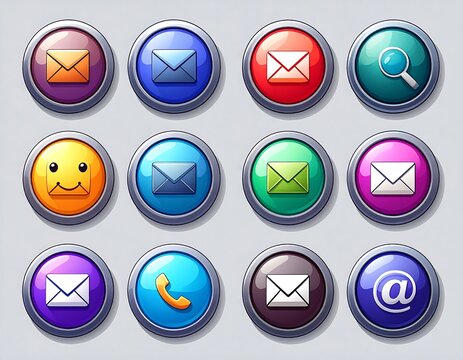 Twelve colorful, glossy circular icons, each with a different, simple symbol on a colored background and a metallic rim. Email, calls, & emotions